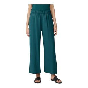 Eileen Fisher Aegean Silk Georgette Crepe Straight Ankle Pants Medium Green NWT
